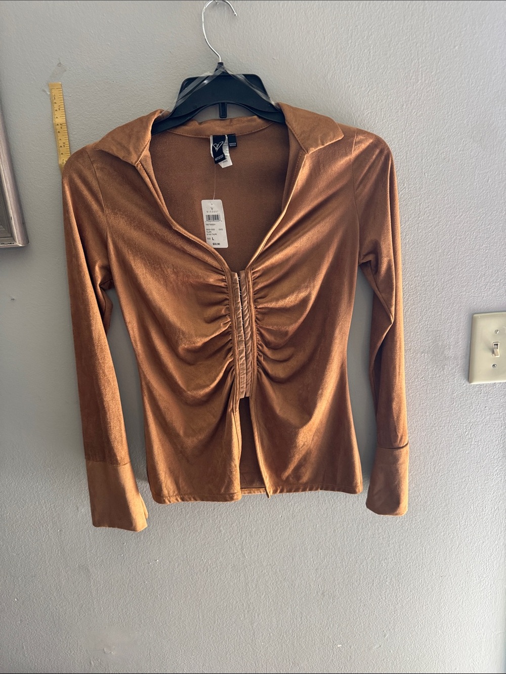 Windsor Copper Brown Velvet Ruched Button-Down Top